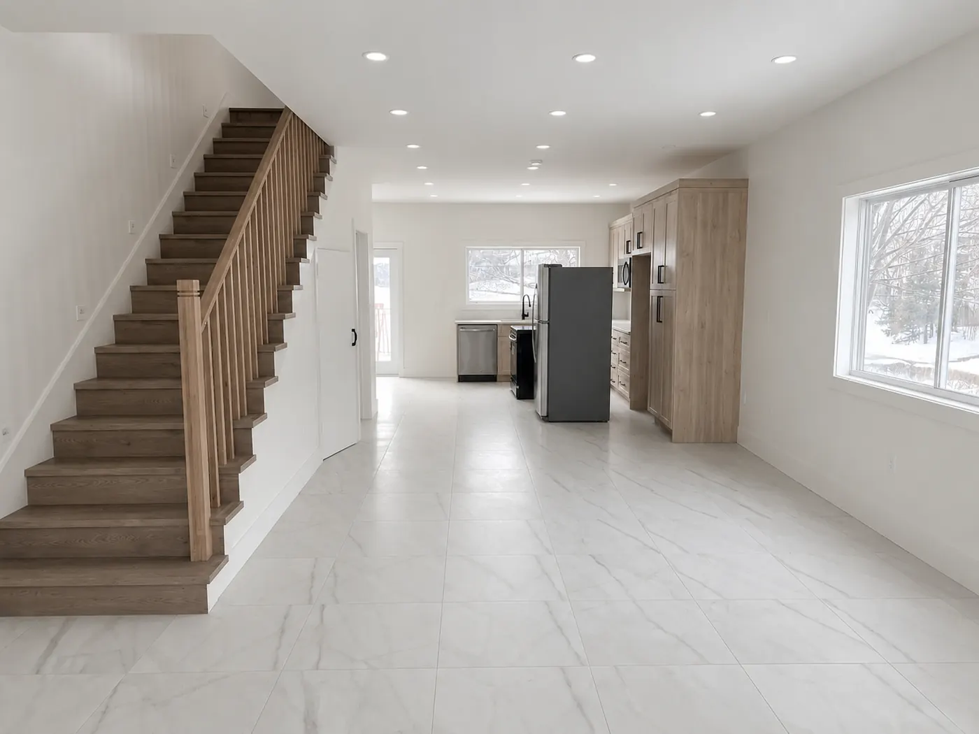 Railing, trim and flooring finish work