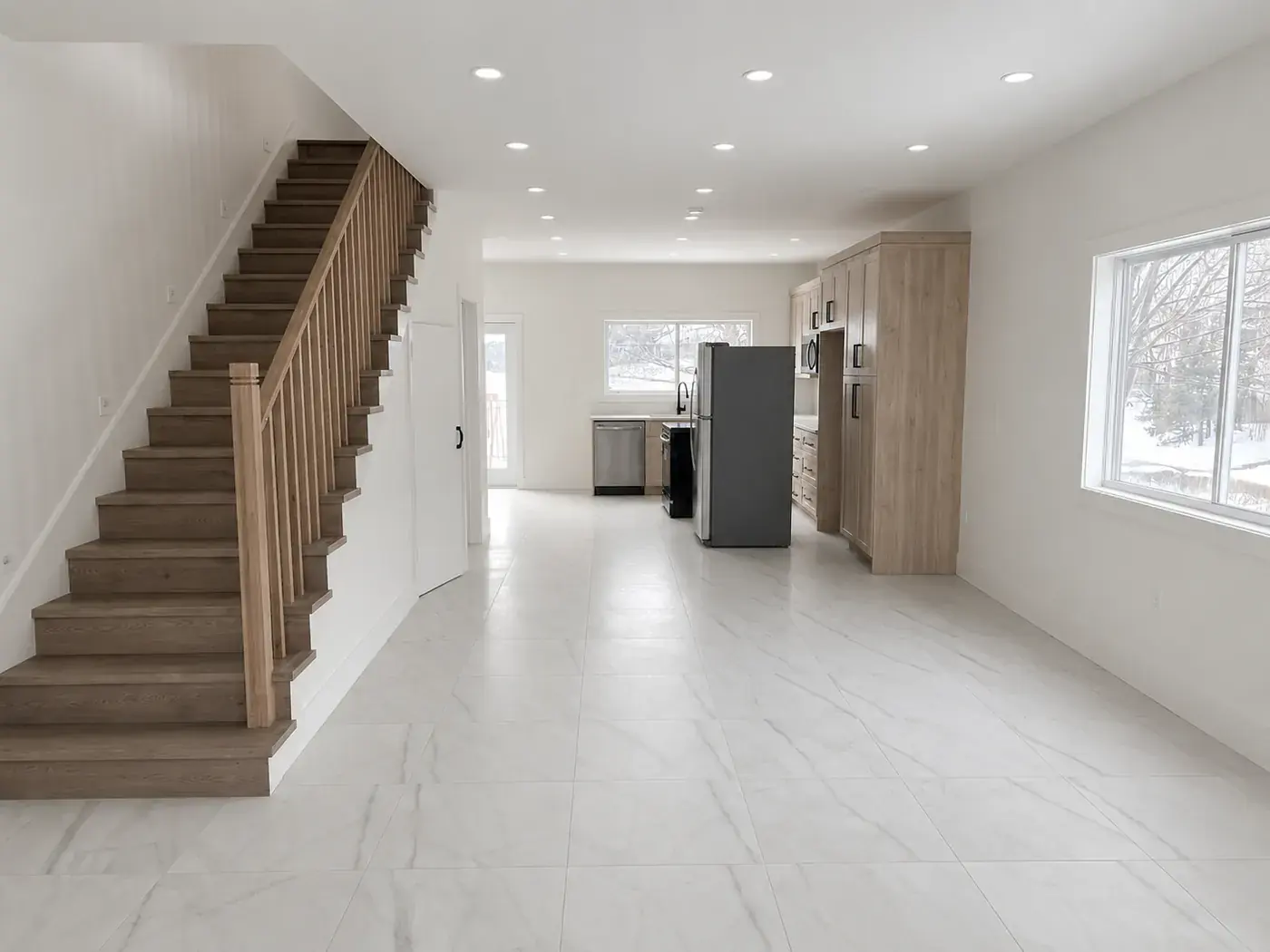 Railing, trim and flooring finish work